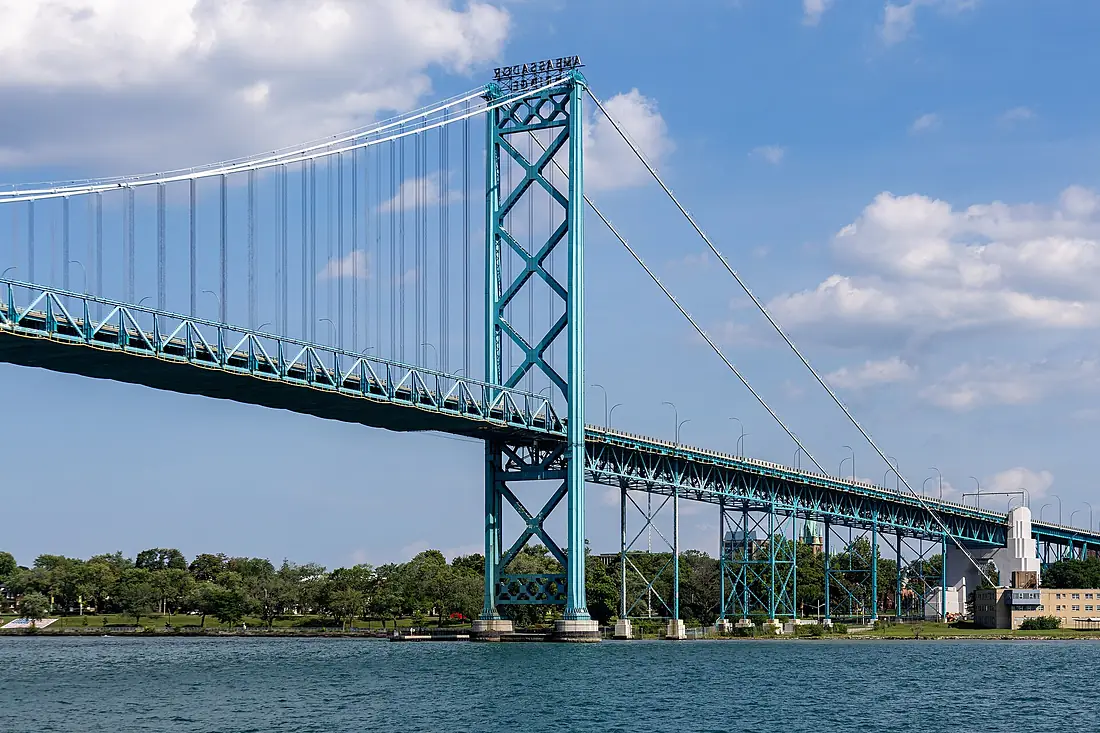 Ambassador Bridge from the Detroit River, Windsor, Ontario, 2025-07-27 03