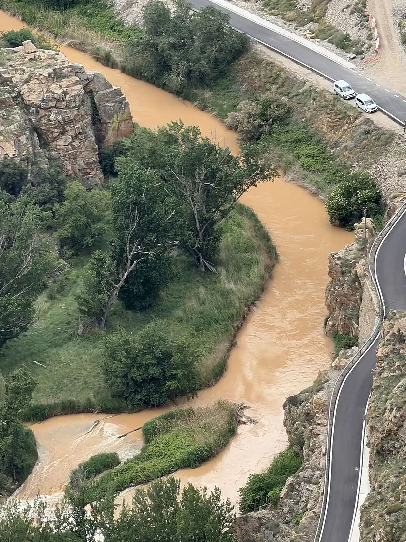Jalon River flood before Embid de la Ribera Zaragoza Spain 2026