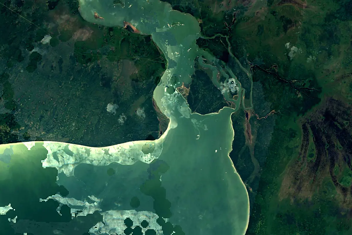 Nelson River: satellite view of the source