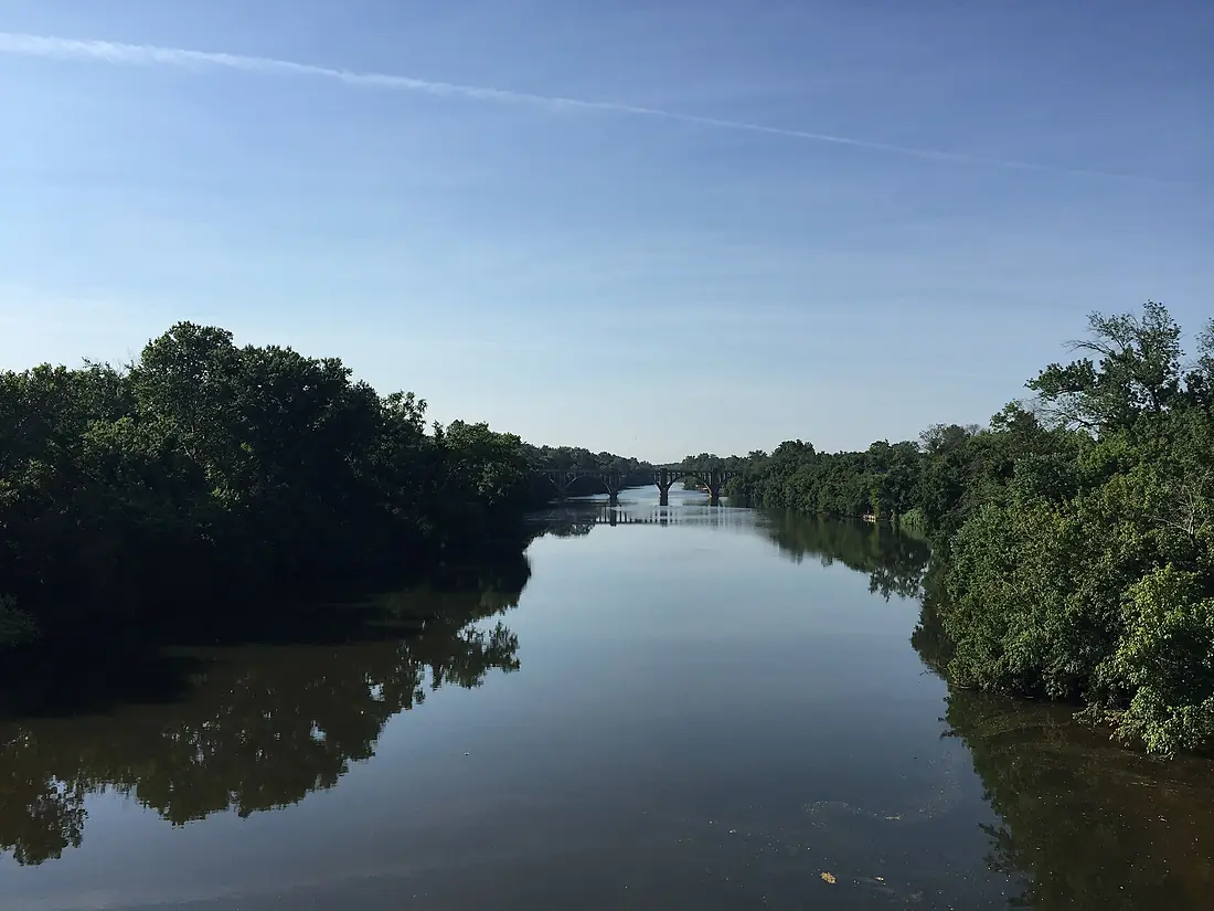 2016-07-24 08 52 00 View southeast down the Rappahannock River from Virginia State Route 3 Business Bridge (William Street-Kings Highway Bridge) on the border of Chatham Heights, Stafford County, Virginia and Fredericksburg, Virginia