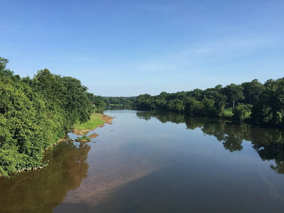 2016-07-24 08 52 37 View northwest up the Rappahannock River from Virginia State Route 3 Business Bridge (William Street-Kings Highway Bridge) on the border of Chatham Heights, Stafford County, Virginia and Fredericksburg, Virginia