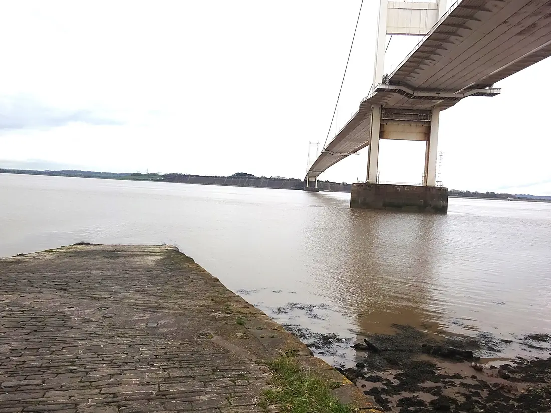 Beachley slipway and Severn Bridge, Old Aust Ferry, River Severn