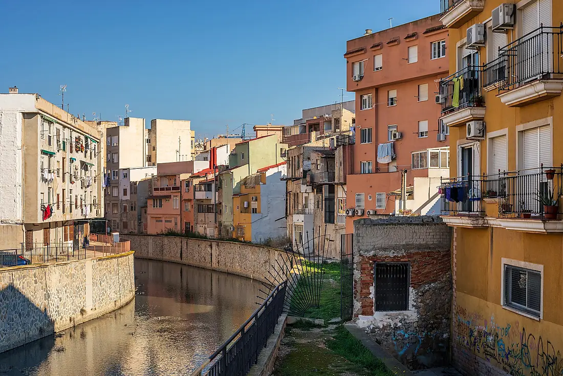 Apartment buildings around Río Segura in Orihuela, Alicante, Spain, 2022 January - 2