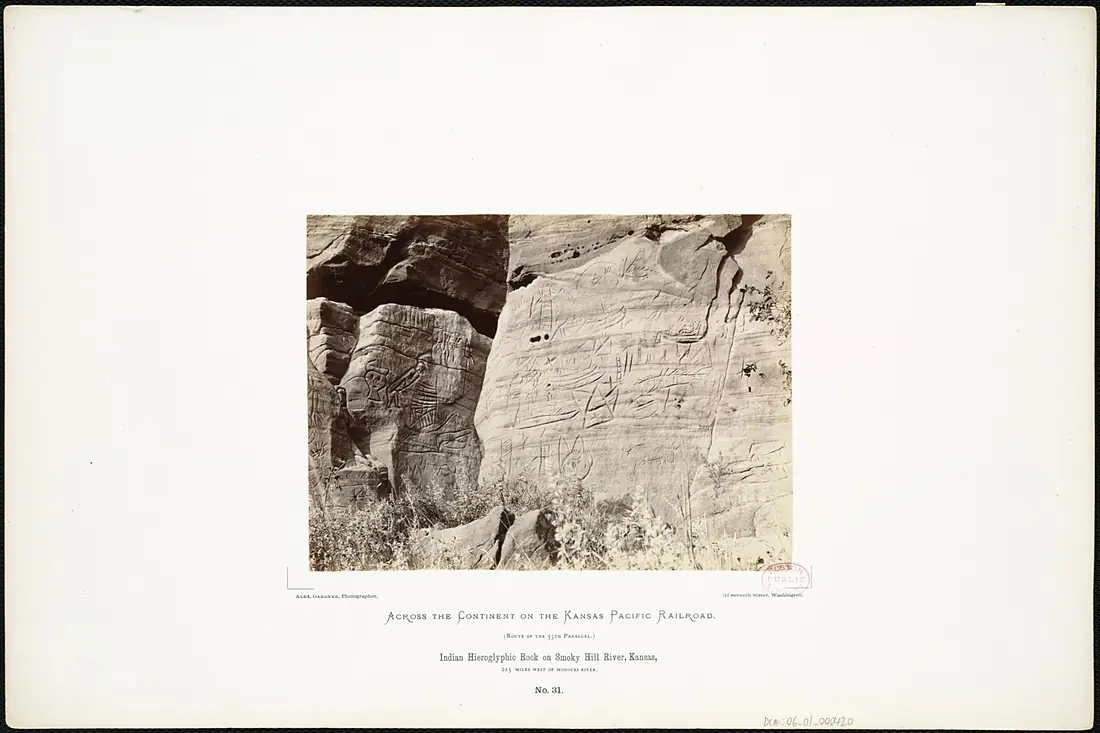 Indian Hieroglyphic Rock on Smoky Hill River, Kansas, 215 miles west of Missouri River. (Boston Public Library)