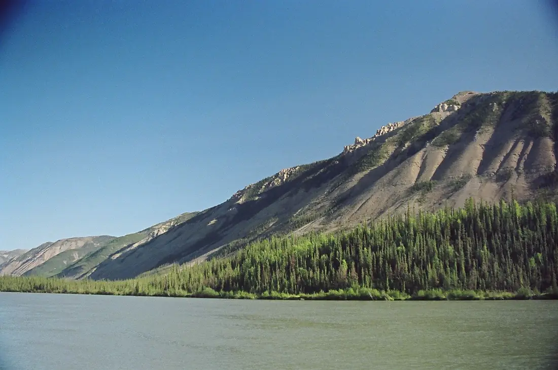 Looking across the South Nahanni River from the Virginia Falls dock